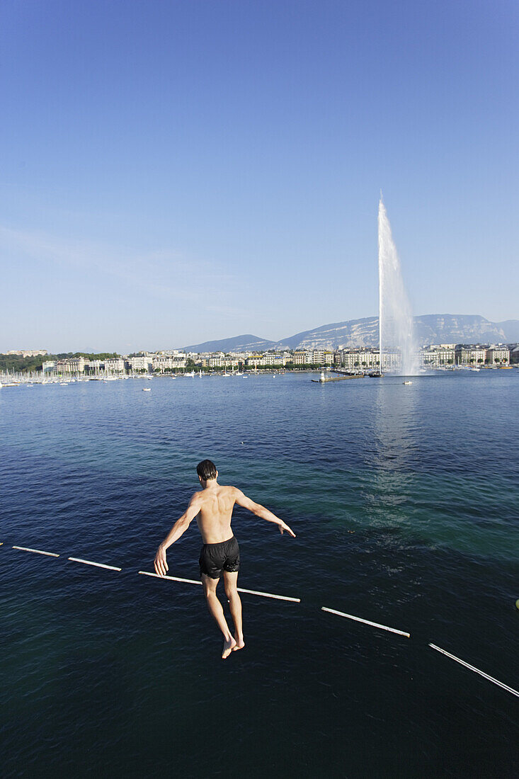 Jumping from Tower, Bains des Paquis, Geneva, Canton of Geneva, Switzerland