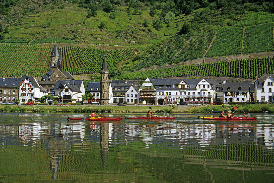 Canoes on river Moselle near Hatzenport, Rhineland-Palatinate, Germany