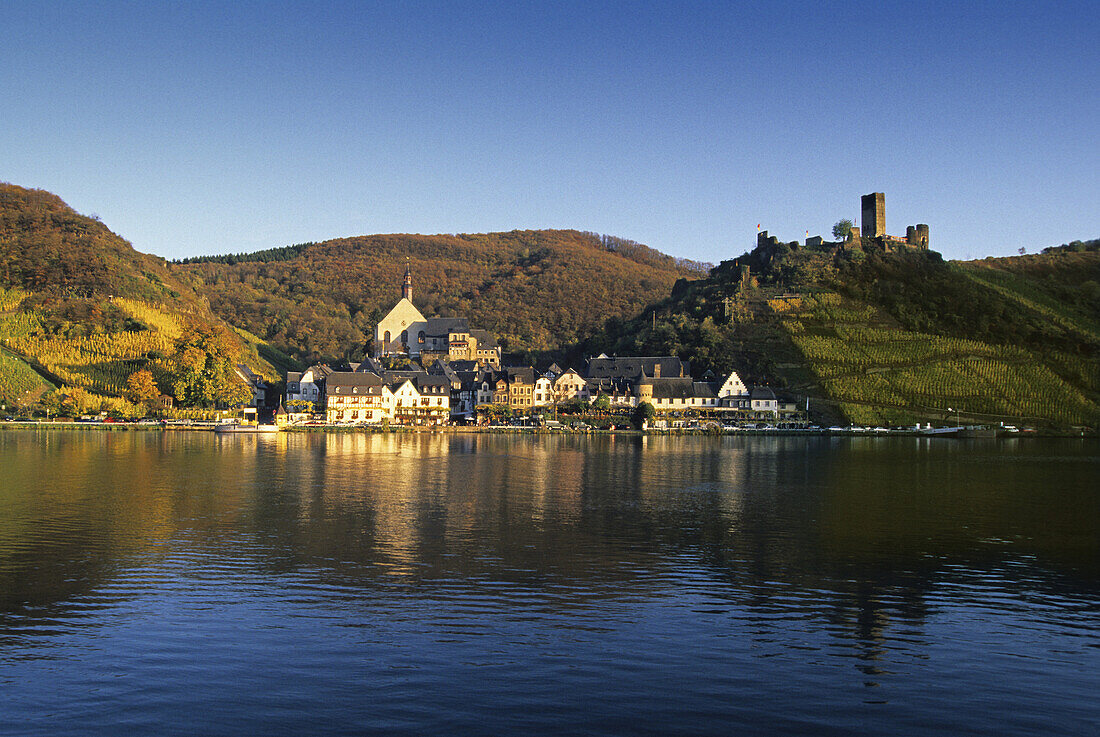 Beilstein and Metternich castle in the light of the evening, Mosel, Rhineland-Palatinate, Germany