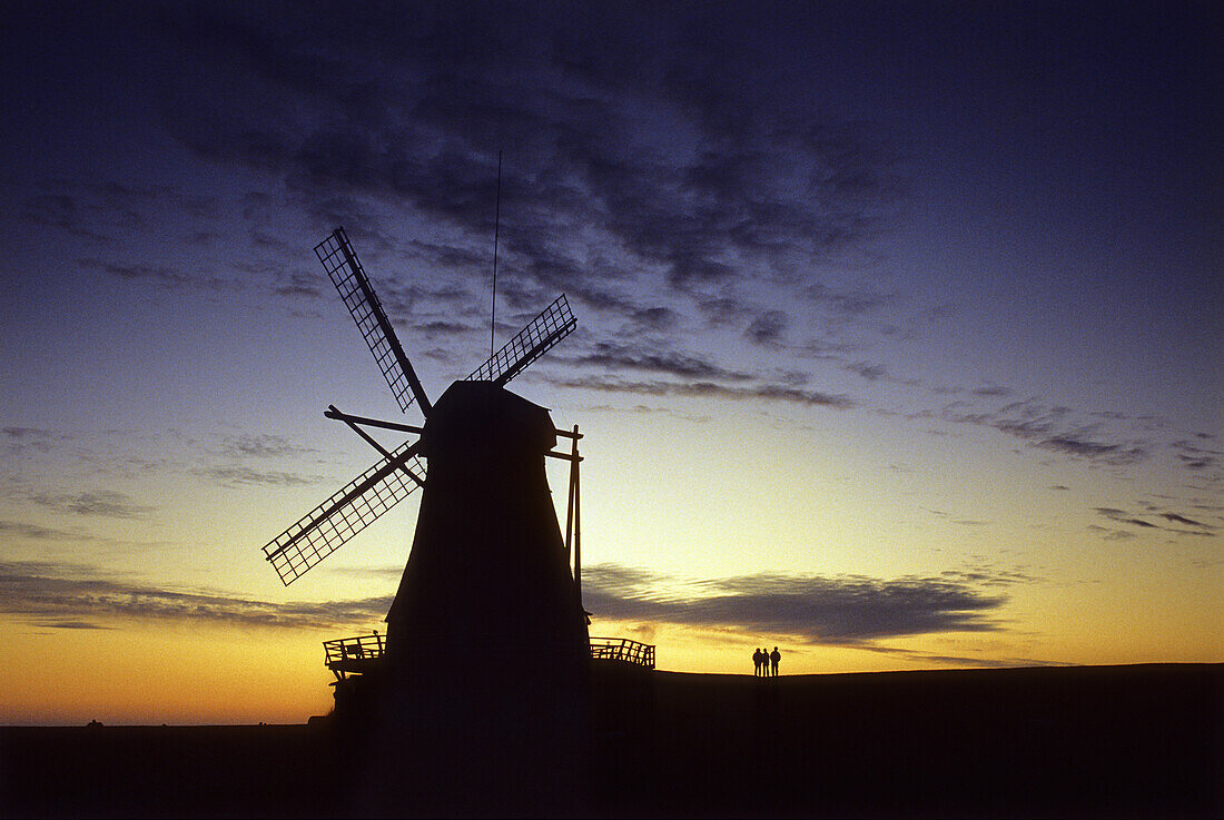 Windmill Nordermühle at sunset, Pellworm island, North Friesland, Schleswig-Holstein, Germany