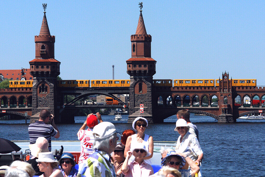 Boat trip on the Spree River with Oberbaum bridge, Berlin, Germany