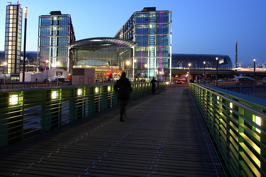 View over pedestrian bridge to Central Station, Berlin, Germany