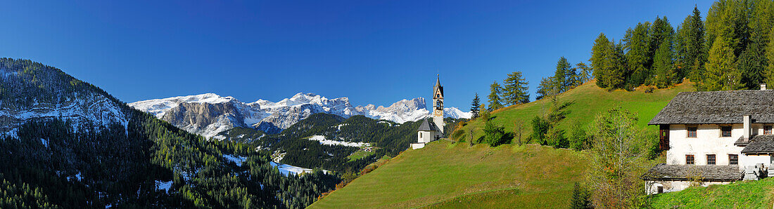 Panorama Church St. Barbara with Geisler-Puez range, valley Gadertal, Dolomites, South Tyrol, Italy