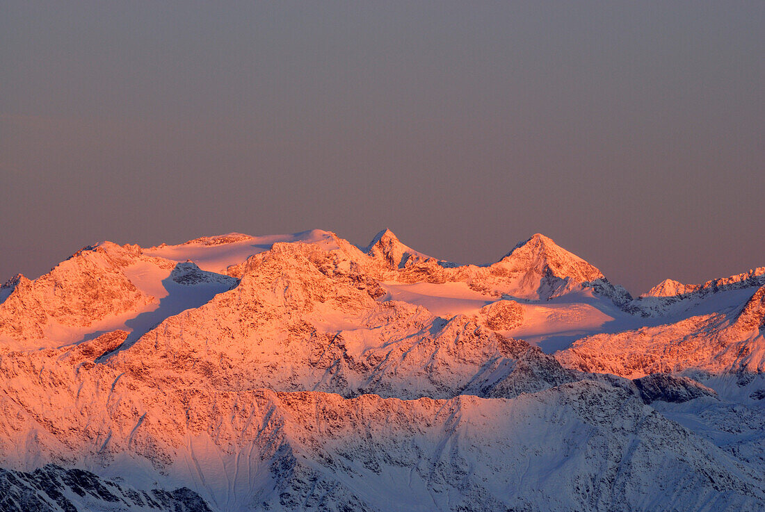 Sonklarspitze, Zuckerhuetl and Wilder Pfaff in alpenglow, view from the south, Stubaier Alpen range, Stubai range, South Tyrol, Italy