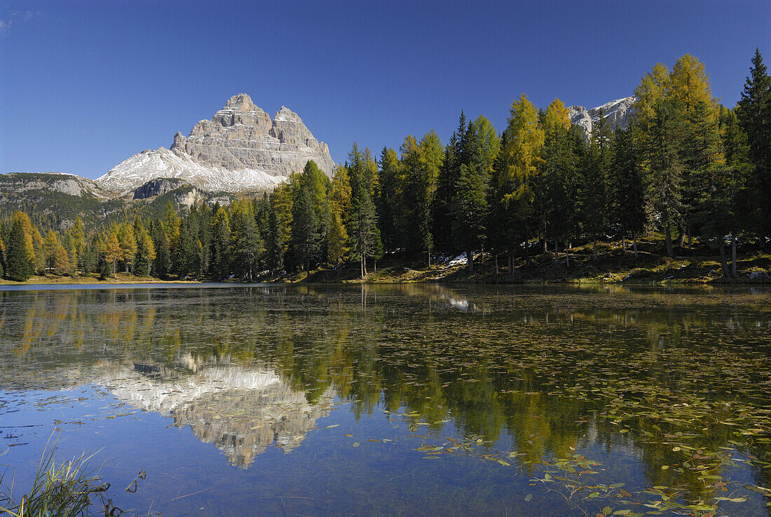 Tre Cime di Lavaredo above lake Antornosee, Dolomites, South Tyrol, Italy