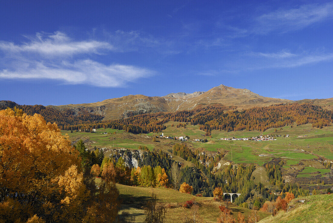 View to village Ftan with Piz Cluenas in background, Lower Engadin, Engadin, Grisons, Switzerland