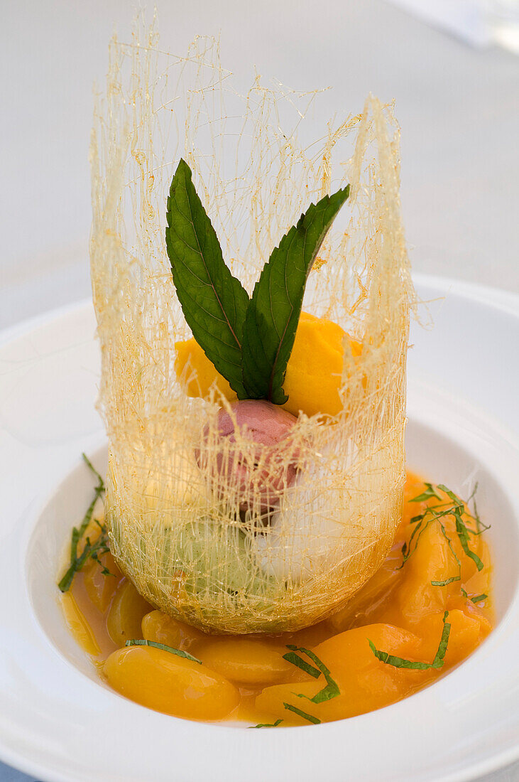 Sorbet variation on caramel and frosted apricots with mint, Restaurant Falconera, Öhningen-Schienen, Baden-Württemberg, Lake Constance, Germany