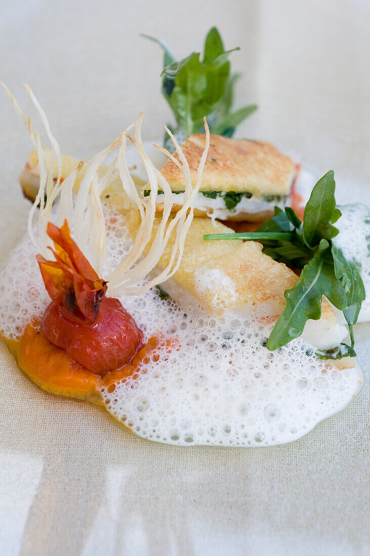 Sandwich with fish, salad and tomato sauce, Restaurant Casala, Hotel Residenz am See, Meersburg, Lake Constance, Baden-Wurttemberg, Germany