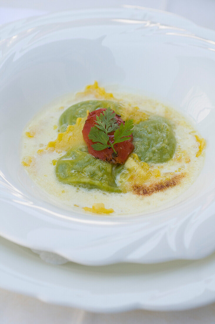 Parmesan and herb filled ravioli, Restaurant Taverne Zum Schäfli, Owner and head chef Wolfgang Kuchler, Wigoltingen, Lake Constance, Switzerland