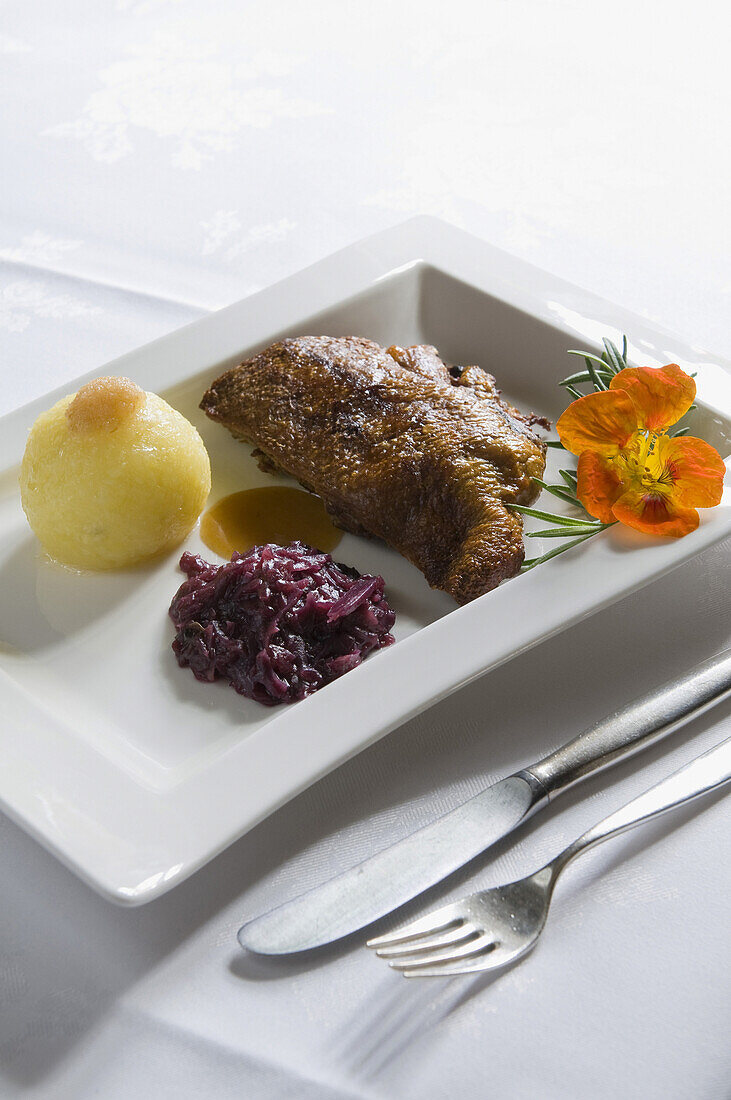 Duck with dumplings and red cabbage, Frickenhausen, Franconia, Bavaria, Germany