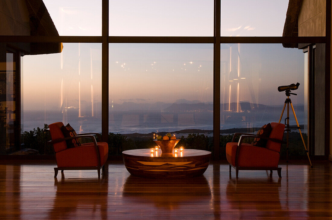 Lobby of the Forest Lodge with view at the landscape at dusk, Gansbaai, Grootbos Private Nature Reserve, South Africa, Africa