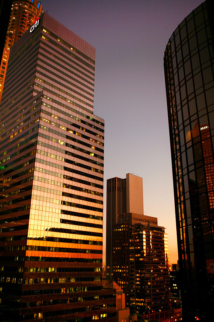 Citigroup Center and Westin Bonaventure Hotel at dusk, Downtown Los Angeles, California, USA, United States of America