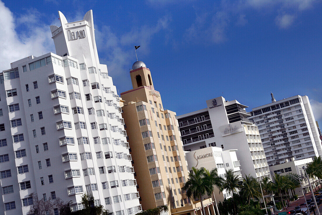 Delano and National Hotels on Collins Avenue under blue sky, Miami Beach, Florida, USA