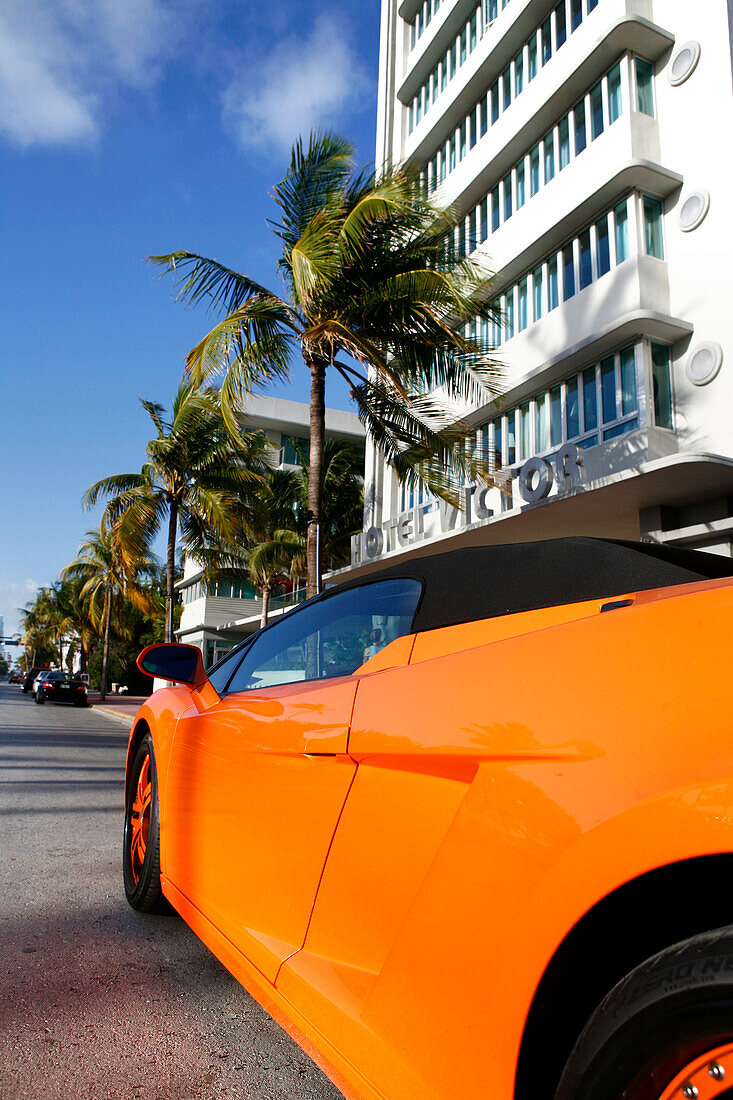 Lamborghini sports car in front of Victor Hotel, Ocean Drive, South Beach, Miami Beach, Florida, USA