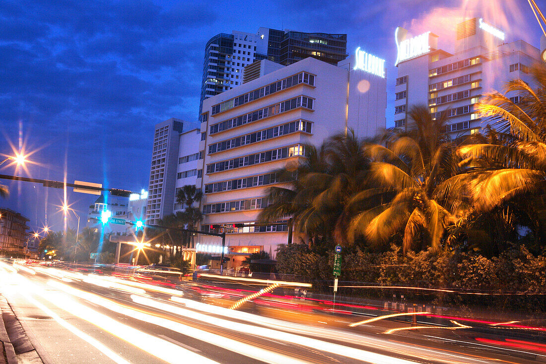 Collins Avenue at night, South Beach, Miami Beach, Florida, USA