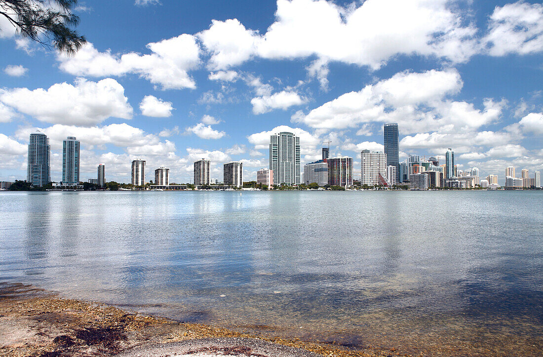 Die Skyline von Miami unter weissen Wolken, Biscayne Bucht, Miami, Florida, USA