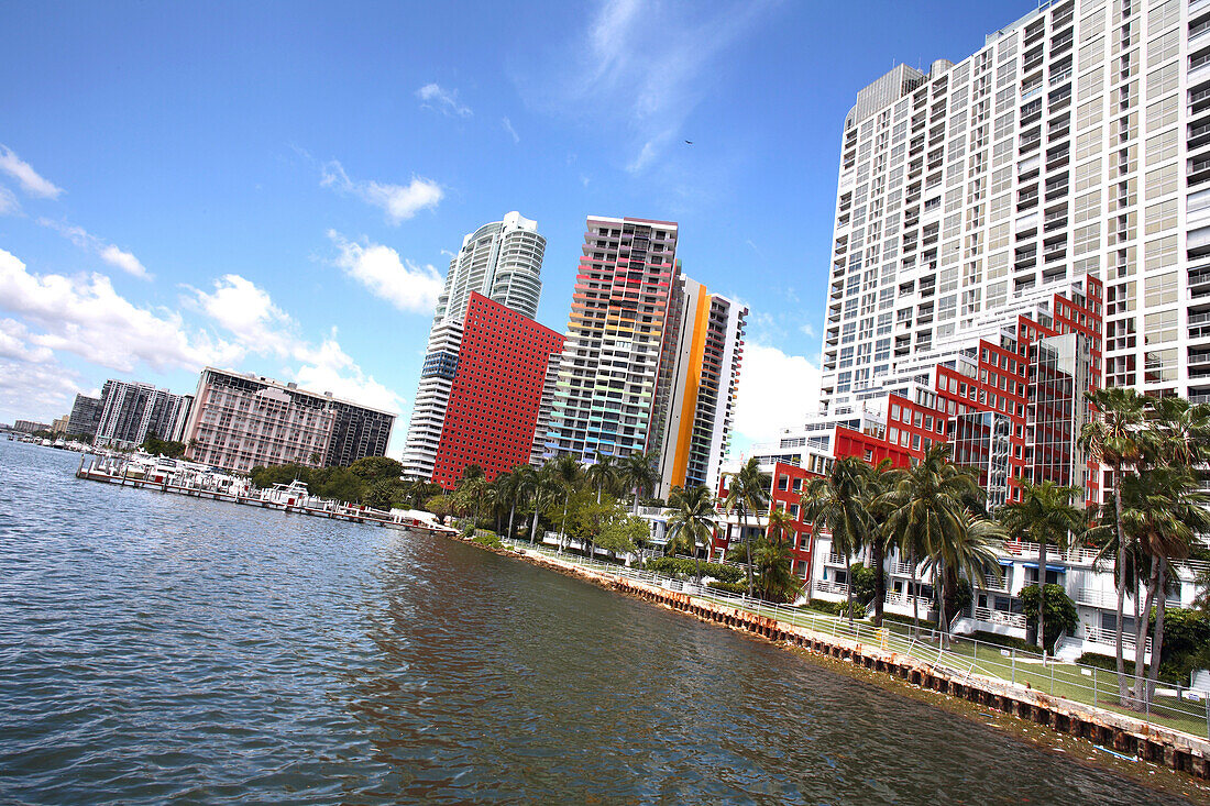 Exterior view of apartment buildings at a bay, Brickell Avenue condominiums, Biscayne Bay, Miami, Florida, USA