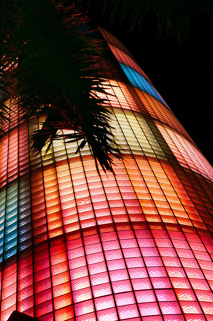 The illuminated China Club neon block tower at night, South Beach, Miami Beach, Florida, USA