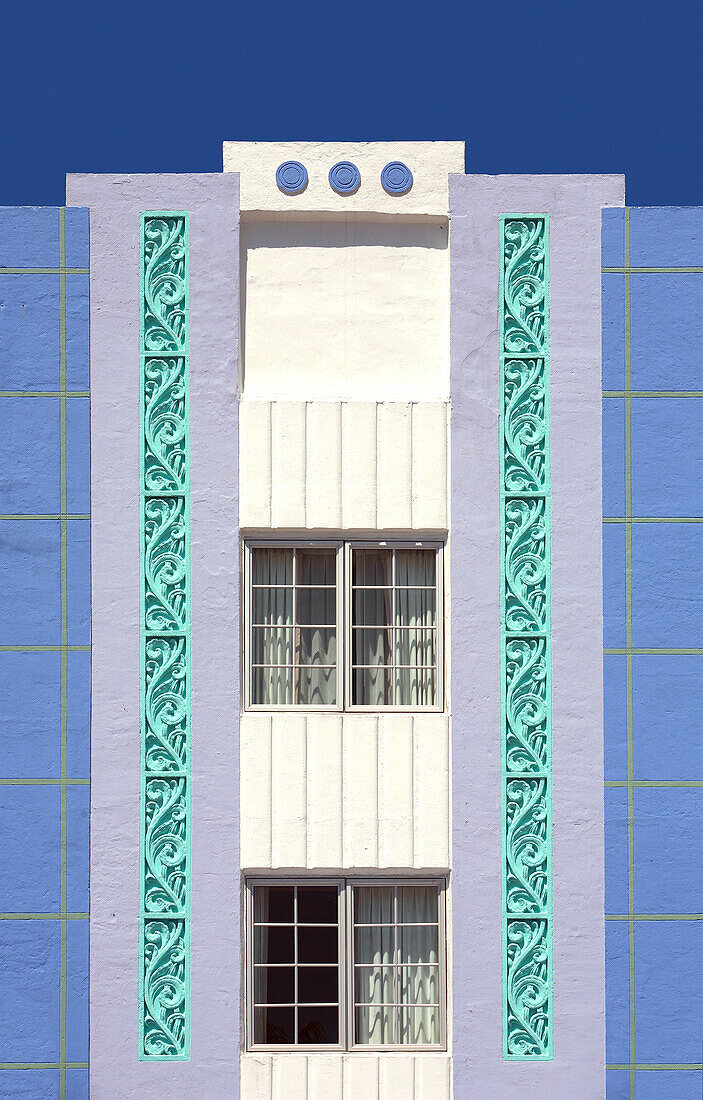 Facade of a hotel under blue sky, South Beach, Miami Beach, Florida, USA