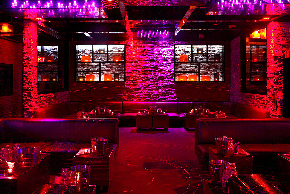 Interior view of the deserted Mokai Nightclub, South Beach, Miami Beach, Florida, USA
