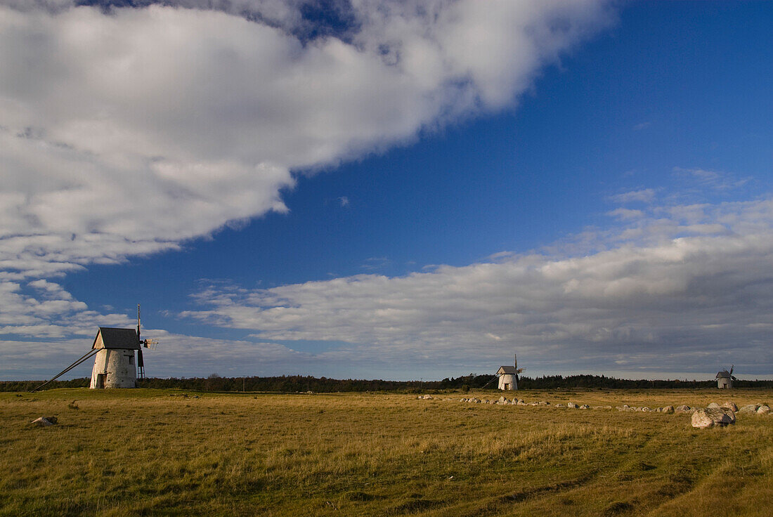 Coastal landscape and windmill near Hemse, Gotland, Sweden, Scandinavia, Europe