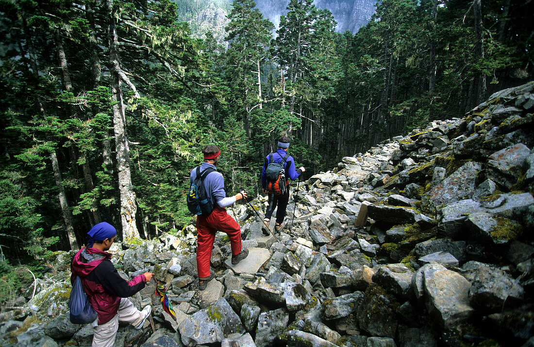 Three mountaineers decending from Mt. Shei at Shei-Pa National Park, Taiwan, Asia