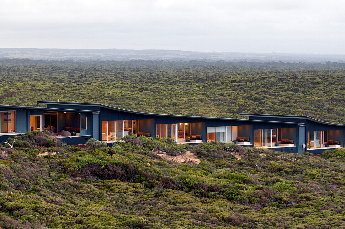 The Southern Ocean Lodges rooms amidst the bush at daytime, Kangaroo Island, South Australia, Australia