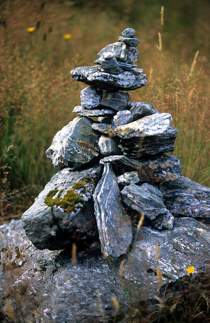 Cairn on the Rees Dart Track at upper Dart Valley, Mt. Aspiring National Park, South Island, New Zealand, Oceania