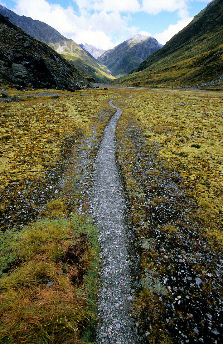 The lonesome Rees Dart Track at the upper Dart Valley, Mt Aspiring National Park, South Island, New Zealand, Oceania