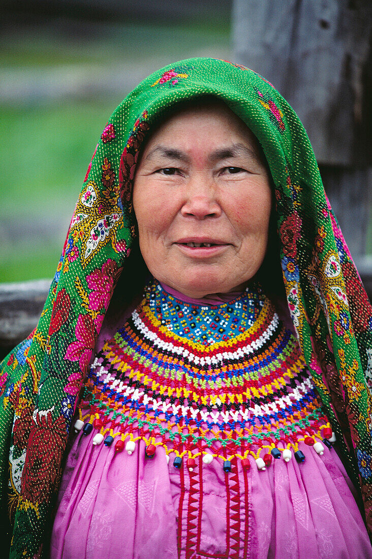 Mansi woman in traditional dress. Siberia, Russia
