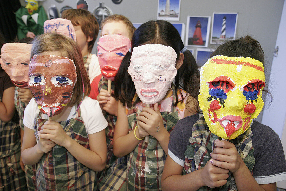 Canada, Quebec City, Musee National des Beaux_Arts, museum, art class, students, paper mache masks, faces