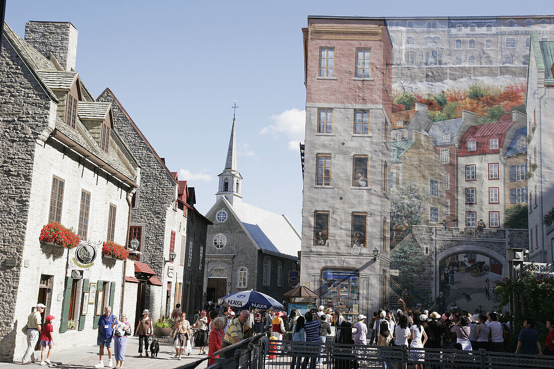 Canada, Quebec City, Lower Town, Rue Notre Dame, wall mural depicts local history, church