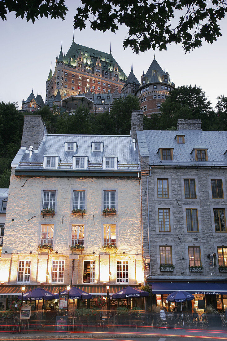 Canada, Quebec City, Lower Town, Boulevard Champlain, Fairmont Le Chateau Frontenac Hotel, dusk, historic buildings