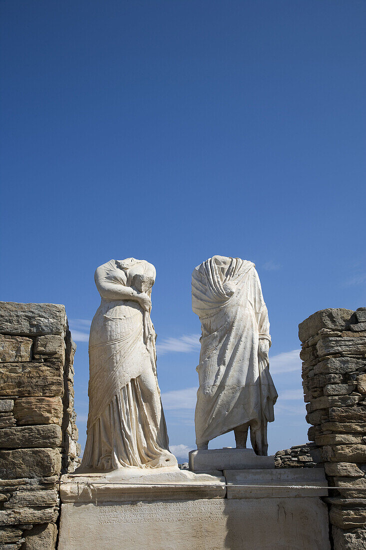 Greece. Cyclades Islands. Delos. Archaeological site. House of Cleopatra. Statues of Cleopatra and Dyoscuridis.