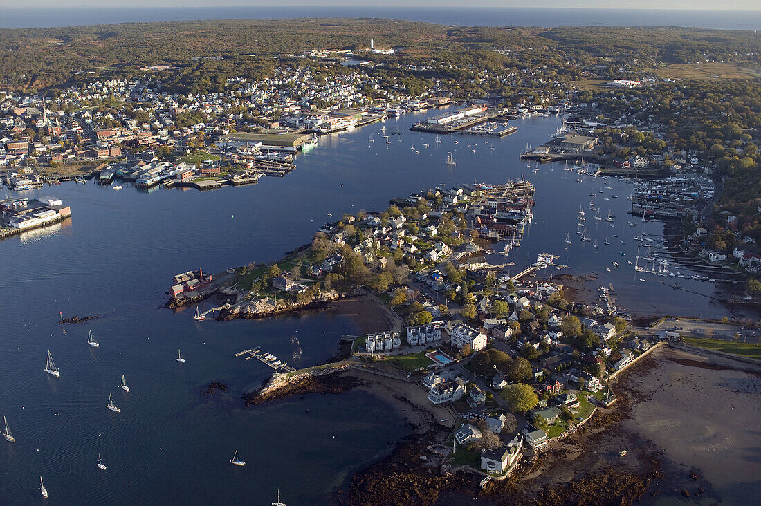 Aerial views of Gloucester harbor and Bear Skin Neck (foreground), MA, USA