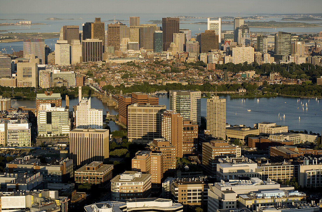 Cambridge and Boston, aerial view from Kendall Square towards harbor, Boston, MA