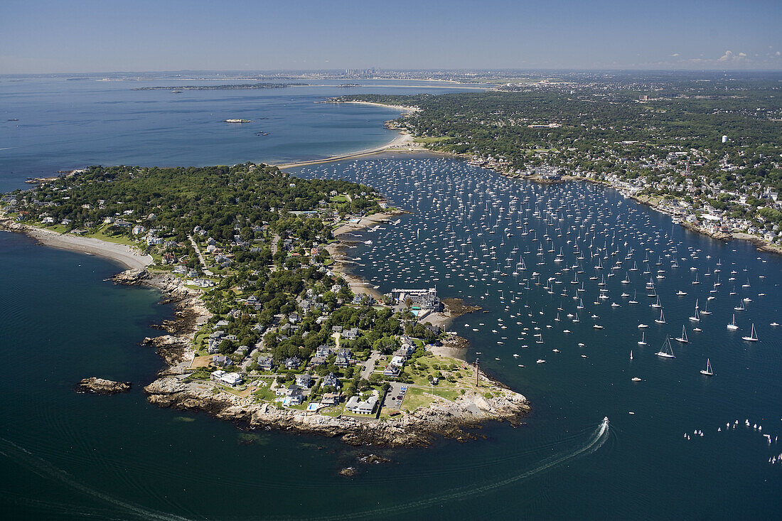 Aerial view of harbor, with Marblehead Neck on left. View south towards Boston on horizon, Marblehead, Usa.