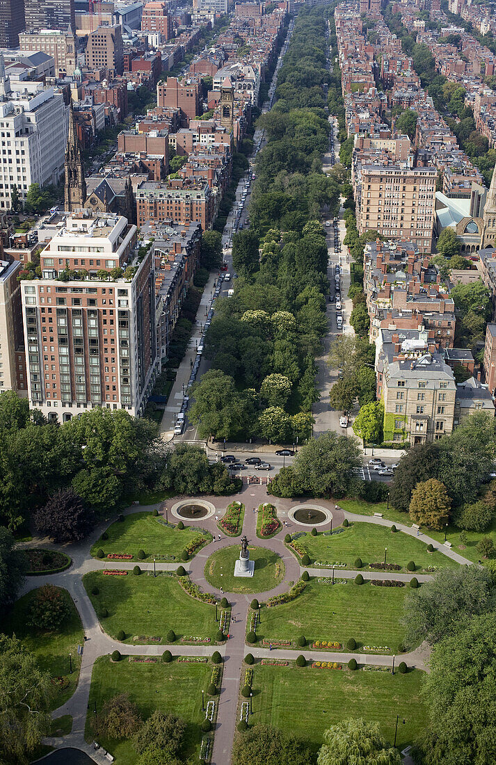 The Public Garden, aerial view towards Back Bay, showing Commonwealth Avenue mall in center. Boston, Usa.