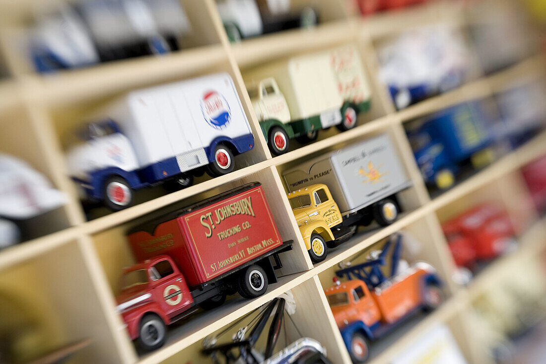 Collectible toy trucks at Antique fair, Brimfield, Usa.