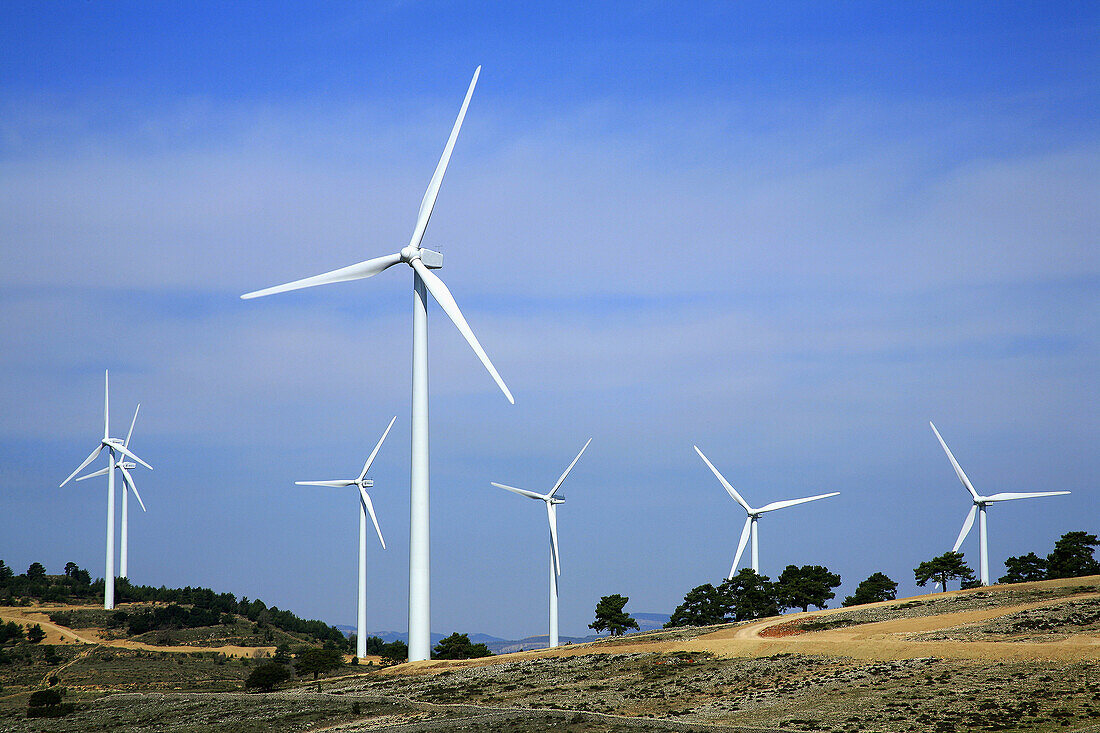 Wind turbines, Maestrazgo, Castellon province, Comunidad Valenciana, Spain.