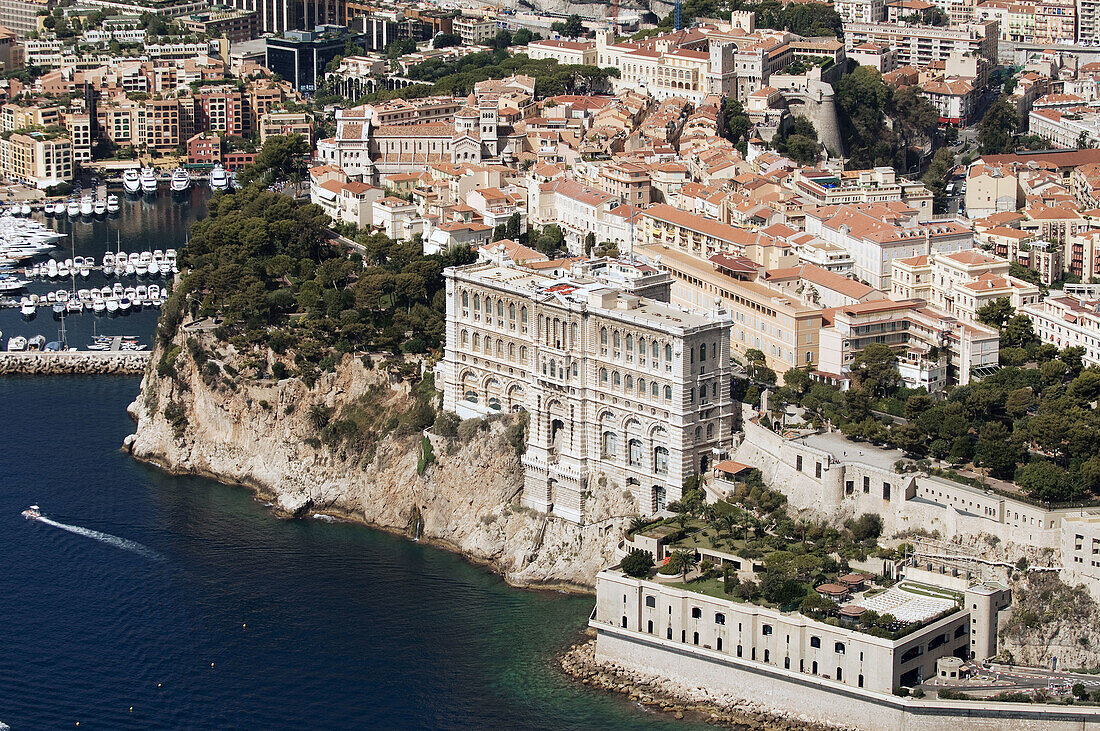 Monaco Oceanography Museum and Monaco, View from Helicopter, Cote d'Azur, Monaco.