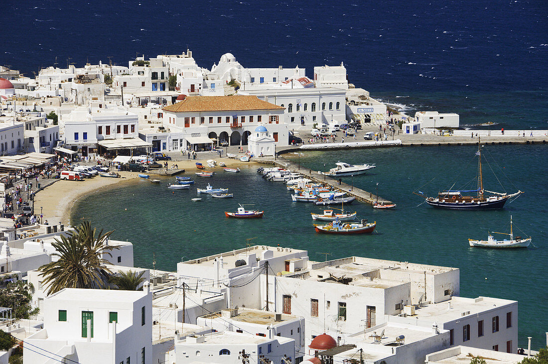 Views of the port of Hora from a hillside on the Greek Island of Mykonos, Greece.