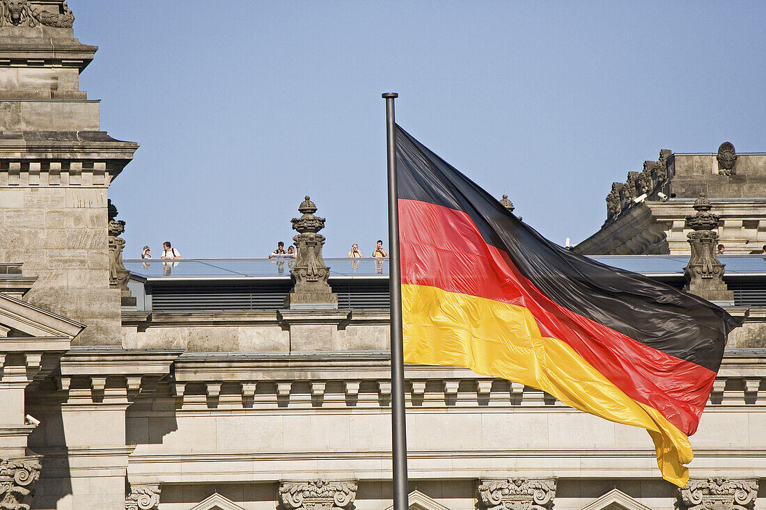 German National flag on Reichstag building, Berlin, Germany