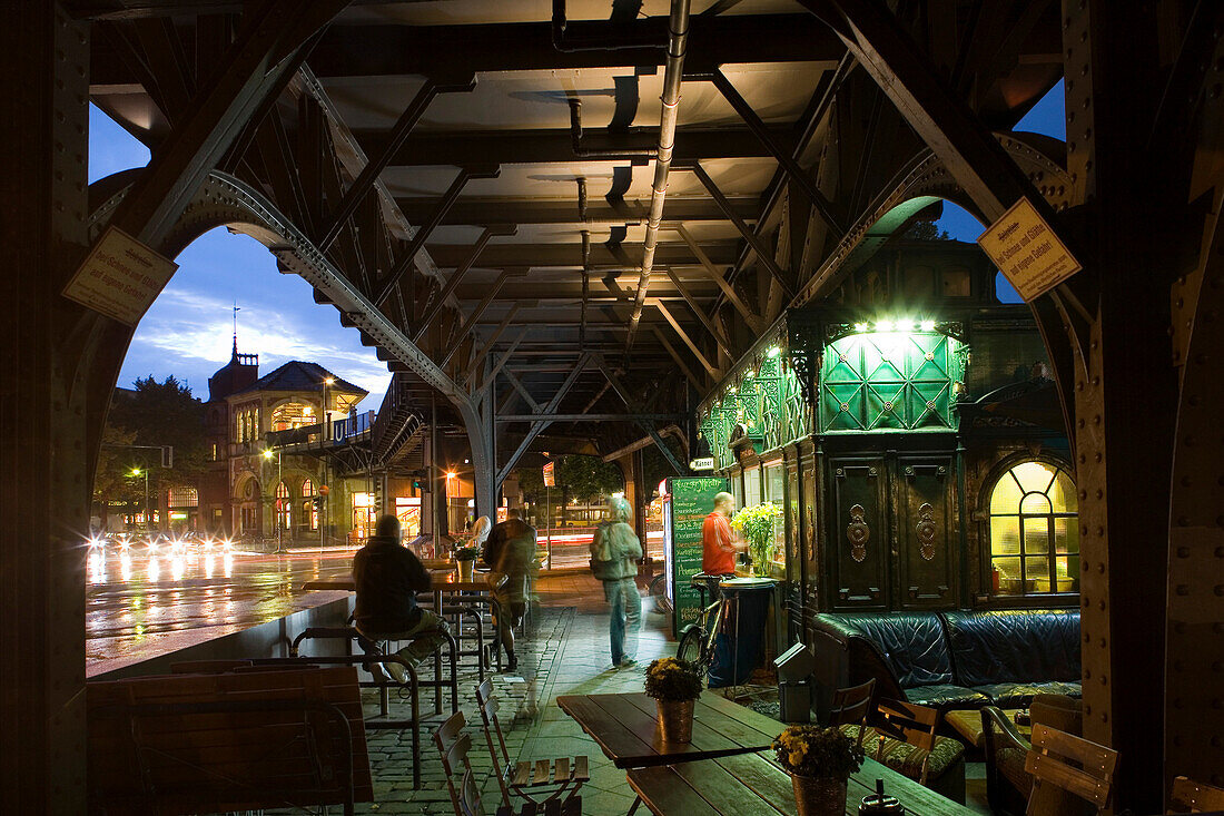 Illuminated snack under the subway station Schlesisches Tor in the evening, Berlin, Germany, Europe