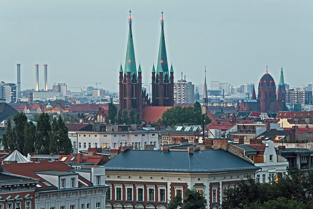 View at roofs and the steeples of St Bonifatius church, Kreuzberg, Berlin, Germany, Europe