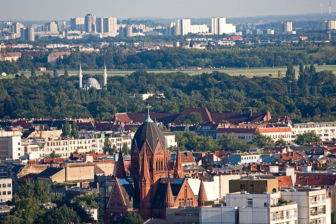 View over Berlin's roofs with Heilig Kreuz church and mosque, Kreuzberg, Berlin Germany, Europe