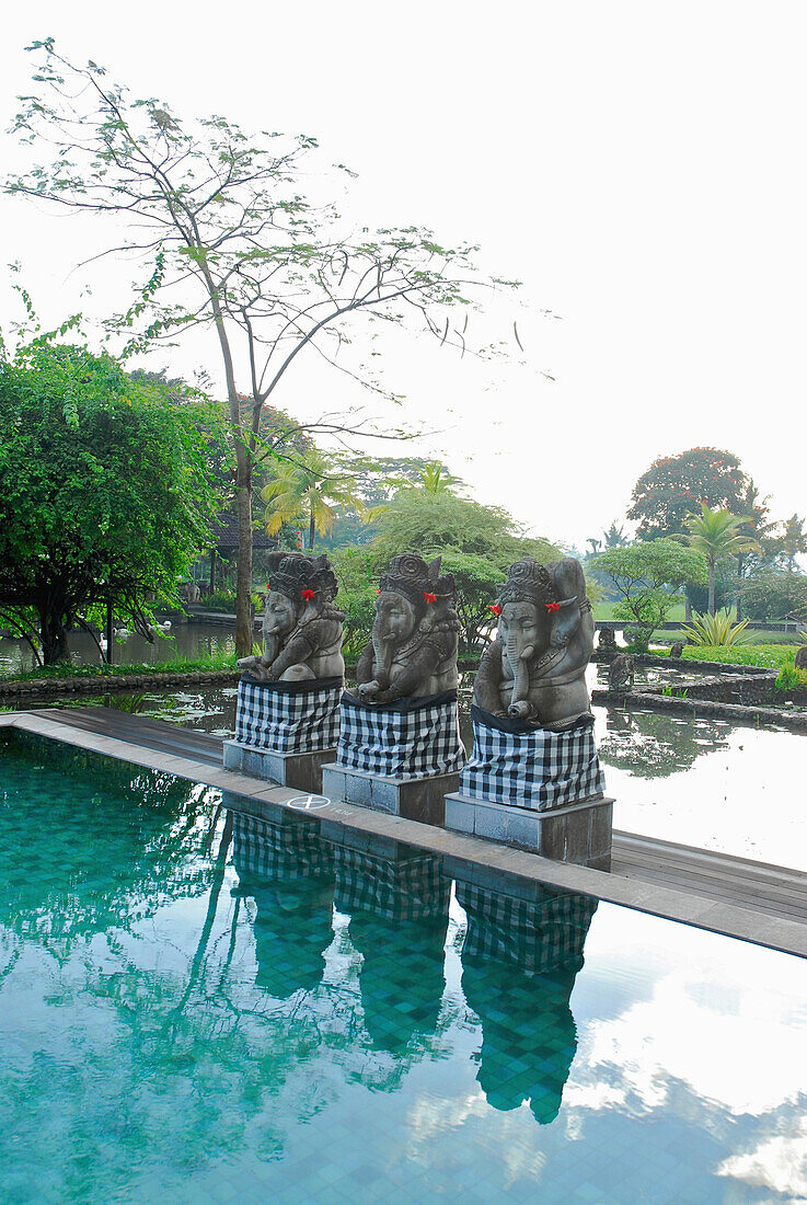 Menschenleerer Pool mit Elefanten Statuen im Chedi Club, GHM Hotel, Ubud, Indonesien, Asien
