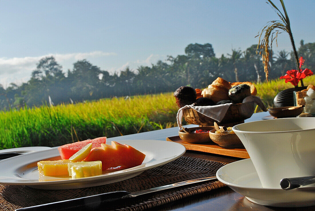 Nicely decorated table with view at the scenery, Chedi Club, GHM Hotel, Ubud, Indonesia, Asia