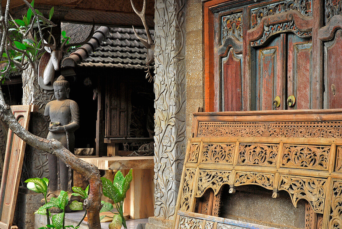 Antiques in front of a shop at Mas, Bali, Indonesia, Asia