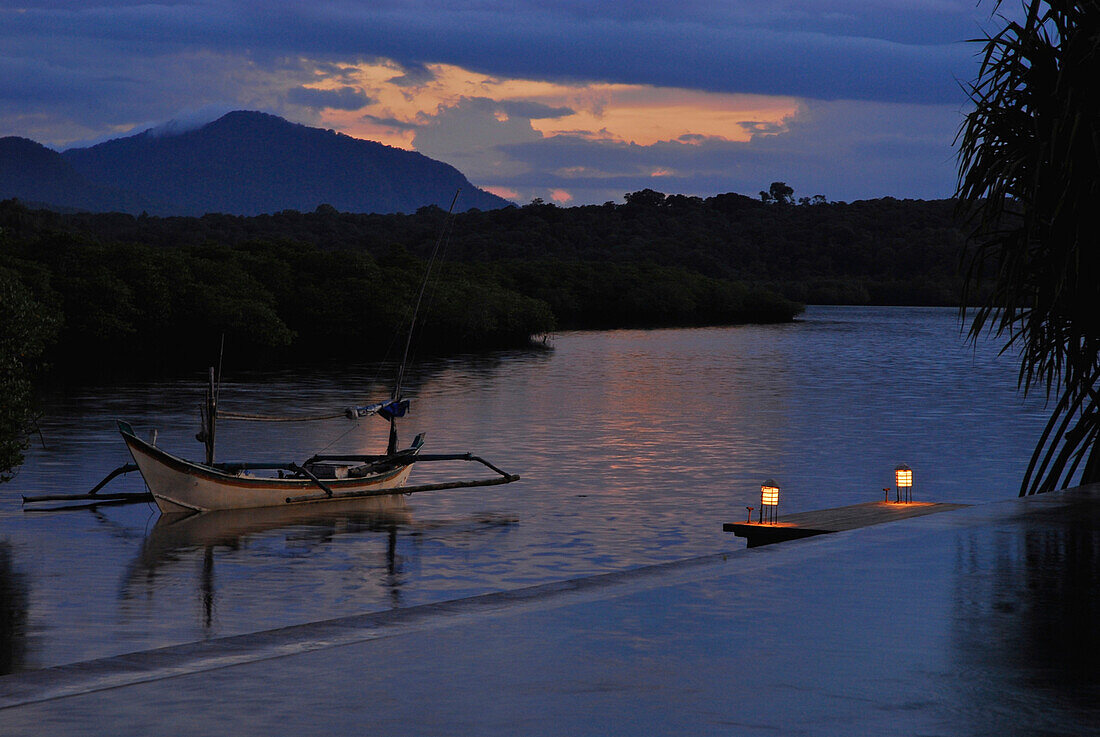 Deserted pool at Mimpi Resort in the evening, Menjangan, West Bali National Park, Indonesia, Asia